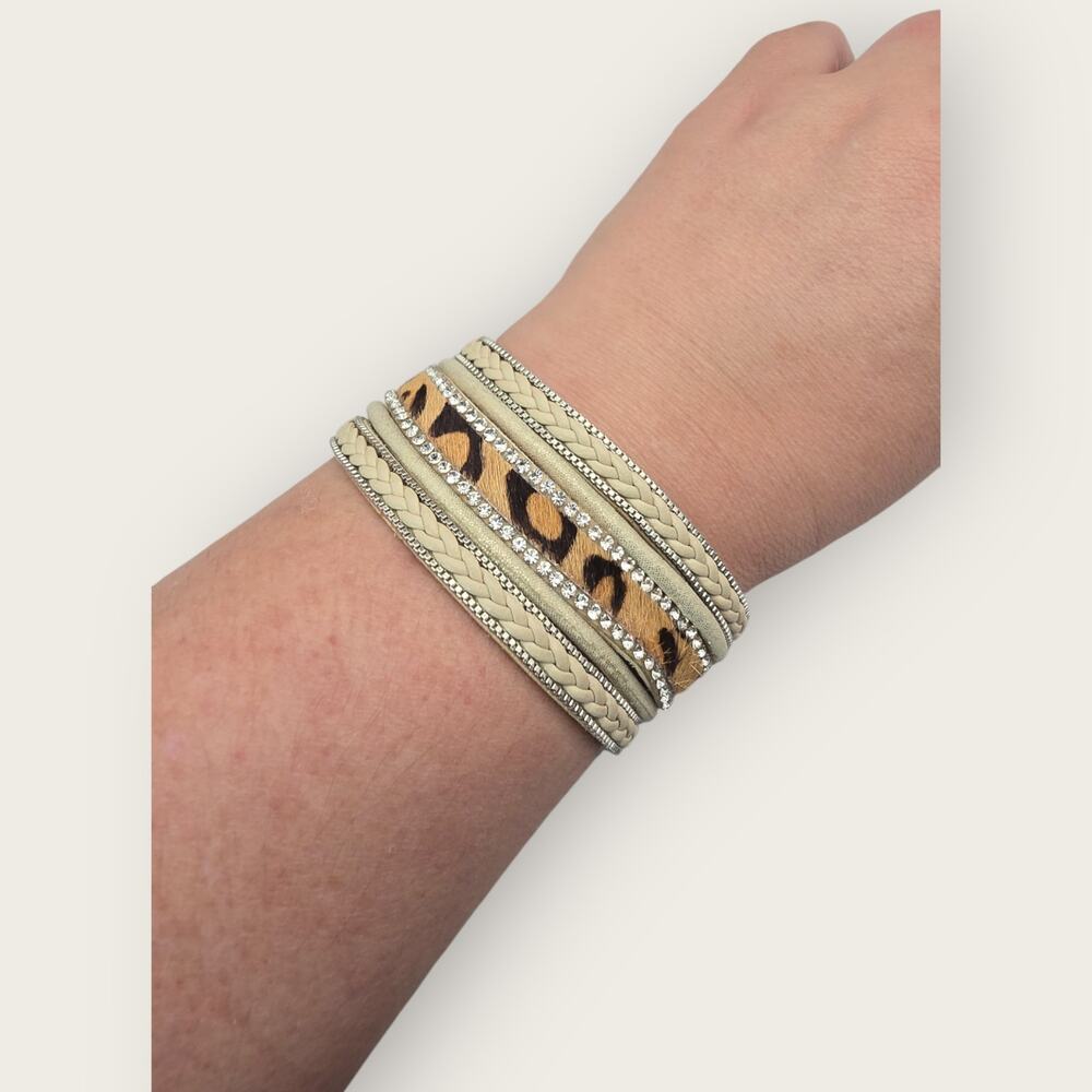 Leopard Rhinestone Wrap Bracelet Magnetic Cuff Y2K Glam Statement - Picture 8 of 10